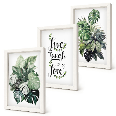 Set van ingelijste schilderijen Bladrijke planten met de woorden leven, lachen, liefde