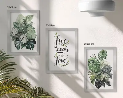 Set van ingelijste schilderijen met bladrijke planten en de tekst leven, lachen, liefde