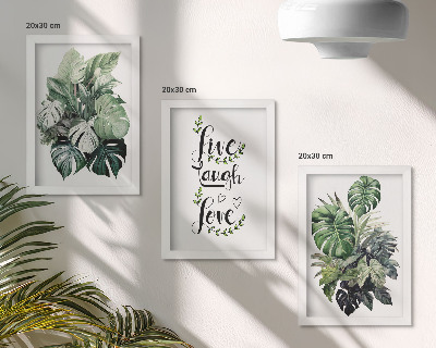 Set van ingelijste schilderijen Bladrijke planten met de woorden leven, lachen, liefde