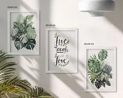 Set van ingelijste schilderijen met bladrijke planten en de tekst leven, lachen, liefde