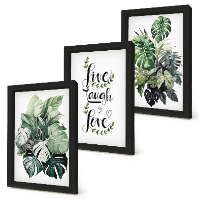 Set van ingelijste schilderijen Bladrijke planten met de woorden leven, lachen, liefde