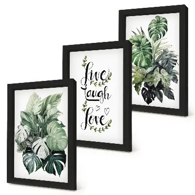 Set van ingelijste schilderijen met bladrijke planten en de tekst leven, lachen, liefde