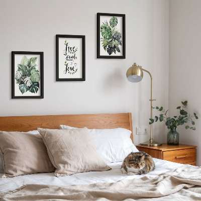 Set van ingelijste schilderijen Bladrijke planten met de woorden leven, lachen, liefde