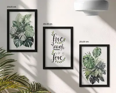 Set van ingelijste schilderijen met bladrijke planten en de tekst leven, lachen, liefde