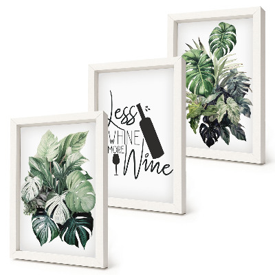 Gallery wall Plantenbladeren in verschillende tinten groen met een opschrift over wijn.