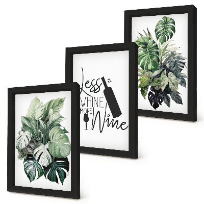 Gallery wall Plantenbladeren in verschillende tinten groen met een opschrift over wijn.