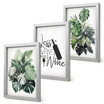 Gallery wall Plantenbladeren in verschillende tinten groen met een opschrift over wijn.