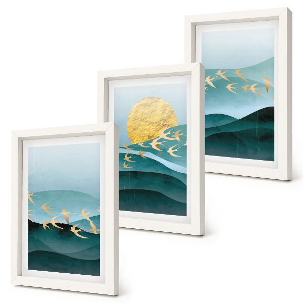 Gallery wall Abstracte landschappen met zonnestralen en vliegende vogels.