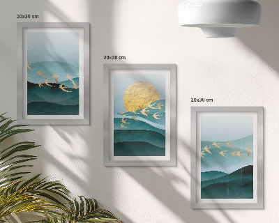 Gallery wall Abstracte landschappen met zonnestralen en vliegende vogels.