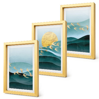 Gallery wall Abstracte landschappen met zonnestralen en vliegende vogels.