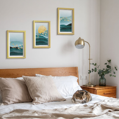 Gallery wall Abstracte landschappen met zonnestralen en vliegende vogels.