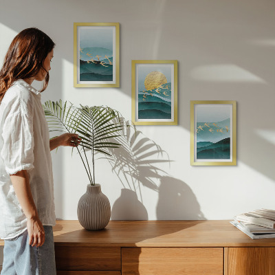 Gallery wall Abstracte landschappen met zonnestralen en vliegende vogels.
