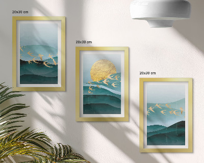 Gallery wall Abstracte landschappen met zonnestralen en vliegende vogels.