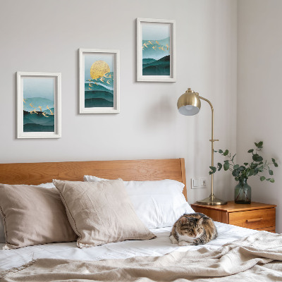 Gallery wall Abstracte landschappen met zonnestralen en vliegende vogels.