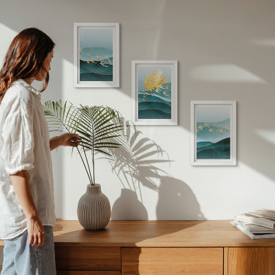 Gallery wall Abstracte landschappen met zonnestralen en vliegende vogels.