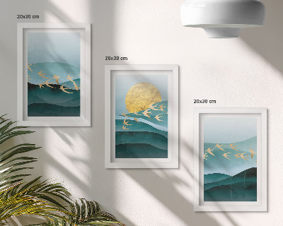 Gallery wall Abstracte landschappen met zonnestralen en vliegende vogels.