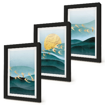 Gallery wall Abstracte landschappen met zonnestralen en vliegende vogels.