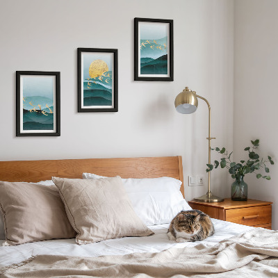 Gallery wall Abstracte landschappen met zonnestralen en vliegende vogels.
