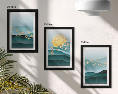 Gallery wall Abstracte landschappen met zonnestralen en vliegende vogels.