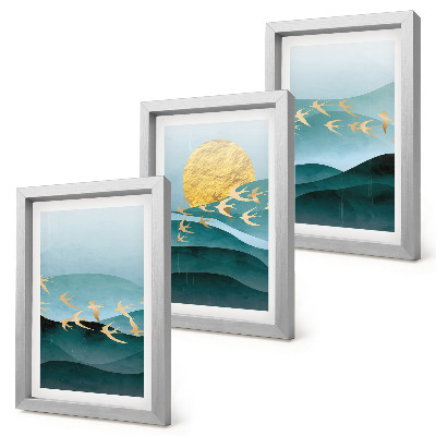 Gallery wall Abstracte landschappen met zonnestralen en vliegende vogels.
