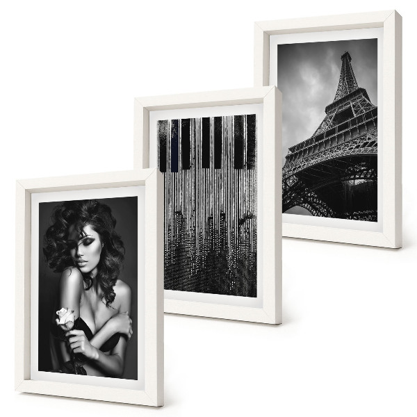 Gallery wall Portret van een vrouw met een roos, de Eiffeltoren en een pianopatroon.