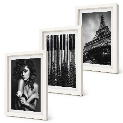 Gallery wall Portret van een vrouw met een roos, de Eiffeltoren en een pianopatroon.