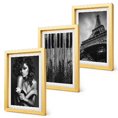 Gallery wall Portret van een vrouw met een roos, de Eiffeltoren en een pianopatroon.