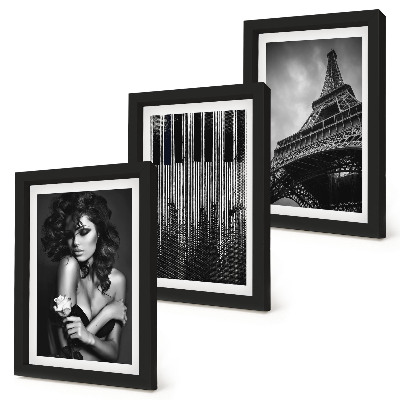 Gallery wall Portret van een vrouw met een roos, de Eiffeltoren en een pianopatroon.