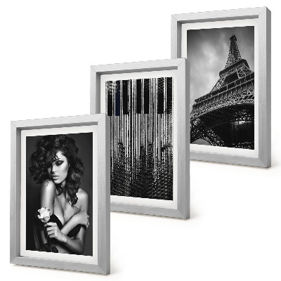 Gallery wall Portret van een vrouw met een roos, de Eiffeltoren en een pianopatroon.