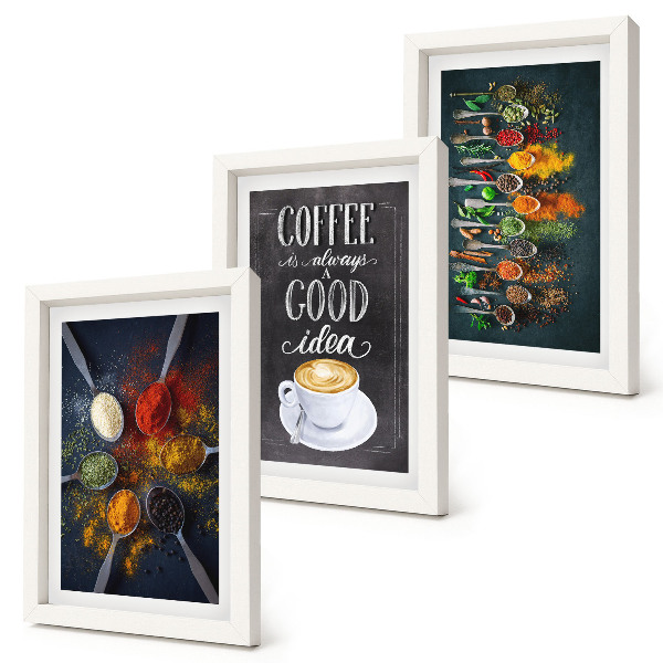 Set van ingelijste schilderijen Kruidenkoffie met een kopje keukenkruidenpatronen