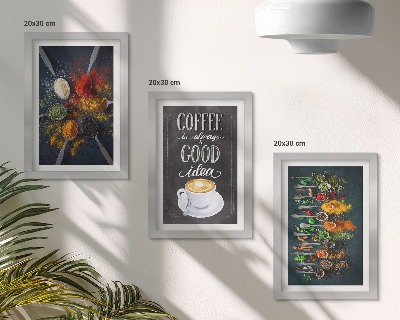 Set van ingelijste schilderijen Kruidenkoffie met een kopje keukenkruidenpatronen