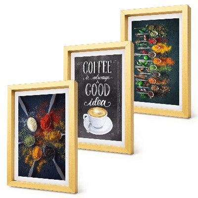 Set van ingelijste schilderijen Kruidenkoffie met een kopje keukenkruidenpatronen