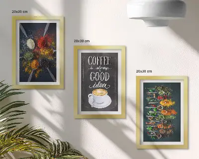 Set van ingelijste schilderijen met een patroon van koffie en keukenkruiden