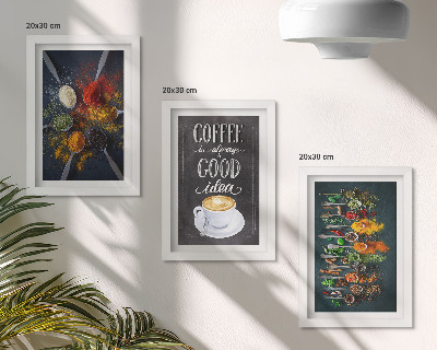 Set van ingelijste schilderijen Kruidenkoffie met een kopje keukenkruidenpatronen