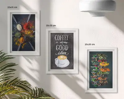Set van ingelijste schilderijen met een patroon van koffie en keukenkruiden