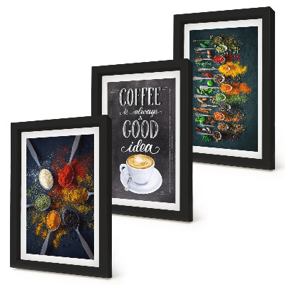 Set van ingelijste schilderijen Kruidenkoffie met een kopje keukenkruidenpatronen