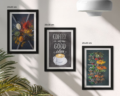 Set van ingelijste schilderijen Kruidenkoffie met een kopje keukenkruidenpatronen