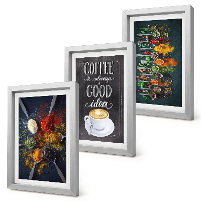 Set van ingelijste schilderijen Kruidenkoffie met een kopje keukenkruidenpatronen