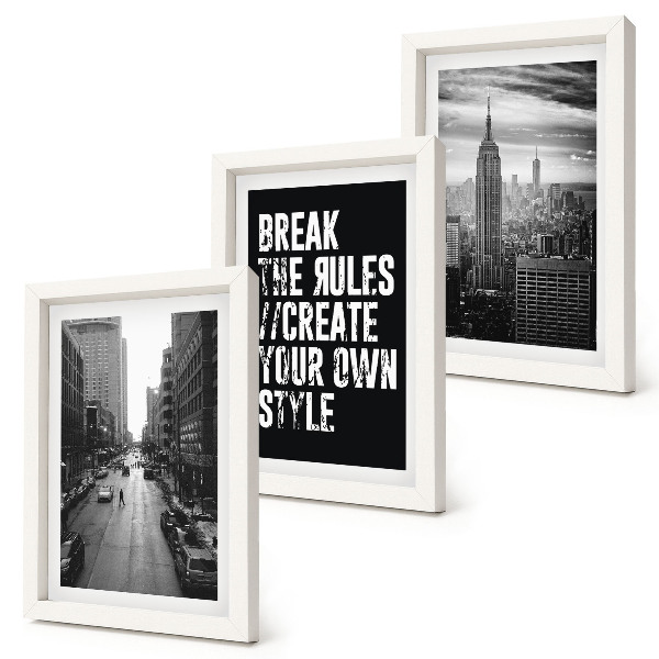 Gallery wall Stadsstraten in zwart-wit met een inspirerende tekst.