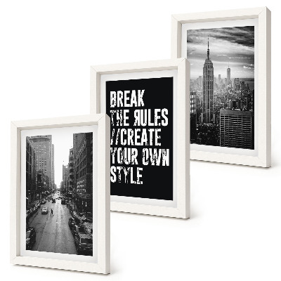 Gallery wall Stadsstraten in zwart-wit met een inspirerende tekst.
