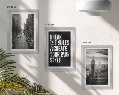 Gallery wall Stadsstraten in zwart-wit met een inspirerende tekst.
