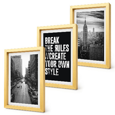 Gallery wall Stadsstraten in zwart-wit met een inspirerende tekst.