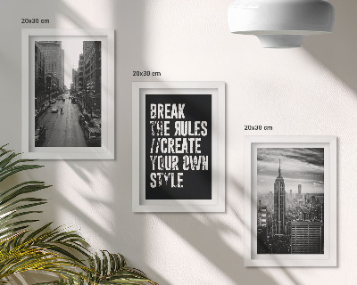 Gallery wall Stadsstraten in zwart-wit met een inspirerende tekst.