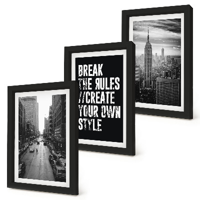 Gallery wall Stadsstraten in zwart-wit met een inspirerende tekst.