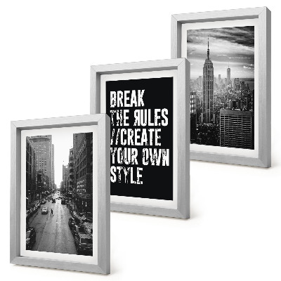 Gallery wall Stadsstraten in zwart-wit met een inspirerende tekst.