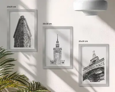 Set van ingelijste schilderijen met architectonische gebouwen in zwart-wit minimalisme