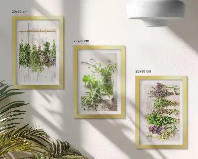 Set van ingelijste schilderijen met kruiden en planten voor in de keuken