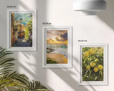 Set van ingelijste schilderijen met schilderachtige straatjes, zee, strand en citrusbomen