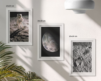 Set van ingelijste schilderijen Foto van de voetafdruk van een astronaut op de maan