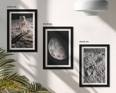 Set van ingelijste schilderijen Foto van de voetafdruk van een astronaut op de maan